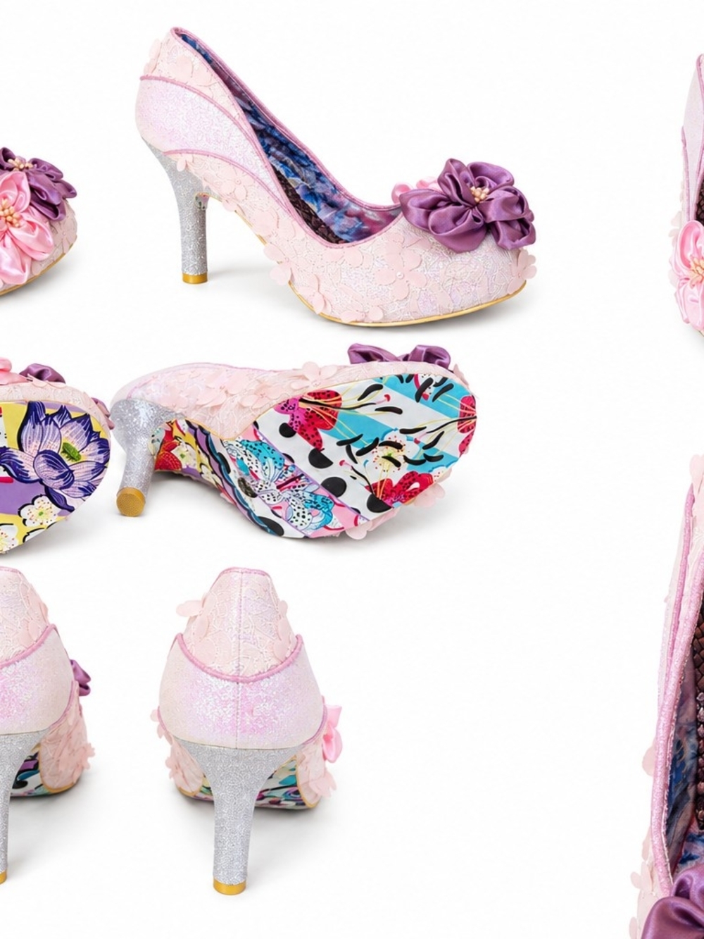 Irregular Choice Bridal Occasion Wear Pink Lace Heels with Purple Flower Accent